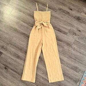 Intermix Tan Smocked Belted Jumpsuit